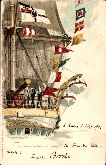 Artist Postcard Bohrdt, sailing ship with signal flags, A Happy New Year