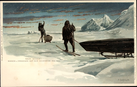 Artist Chromo-Litho Goldfeld, A., Southbound, polar explorers Nansen and Johansen on their way home