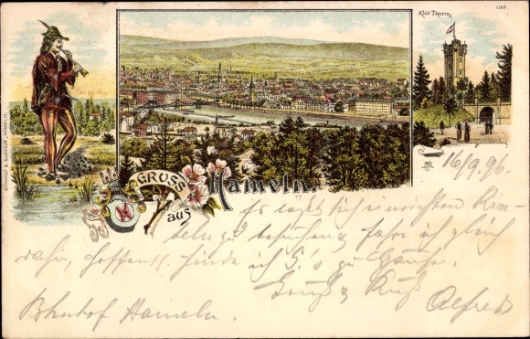 litho Hameln aan de Weser, rattenvanger, stadspanorama, Klütturm