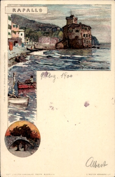 Künstler Litho Wielandt, Manuel, Rapallo Ligurien, Küstenpartie, Boote, Brücke