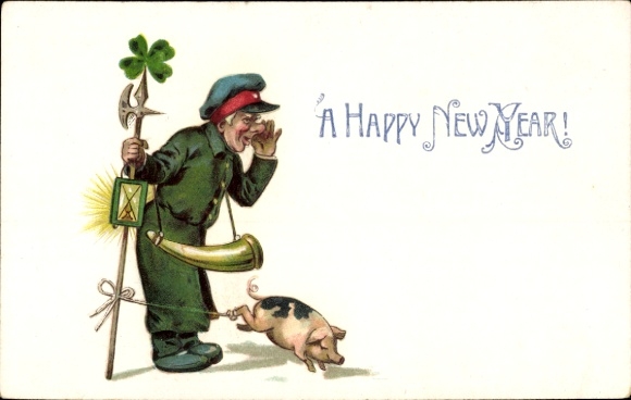 Präge Ak Glückwunsch Neujahr, Alterer Mann mit Schweinchen, Glücksklee, Handlaterne