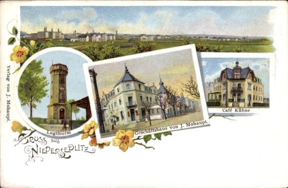Litho Dresden Ost Niedersedlitz, Panorama, Lugturm, Geschäftshaus v. J. Mohaupt, Cafe Kühne