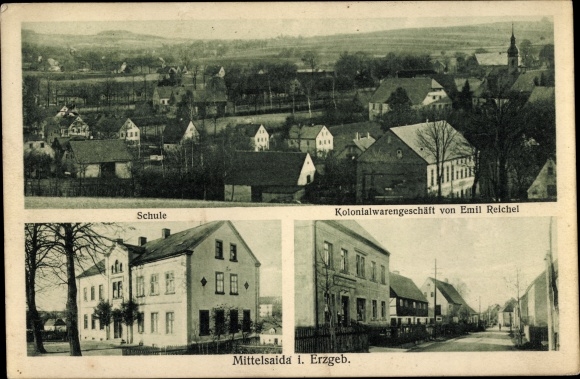 Postcard Mittelsaida Großhartmannsdorf in the Ore Mountains, school, grocery store by Emil Reichel