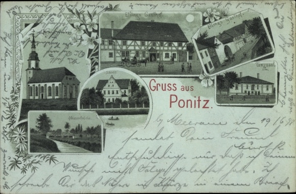Moonlight Chromo-Litho Ponitz Altenburger Land Thuringia, inn, castle, church