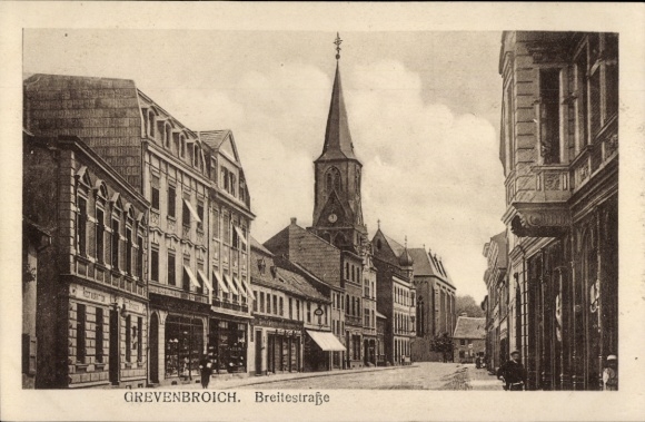 Ak Grevenbroich am Niederrhein, Breitestraße, Geschäfte, Kirchturm