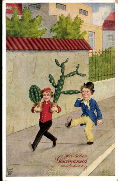 Artist Postcard Bert, congratulations birthday, express courier order, cactus, man