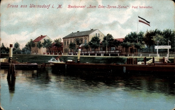 Postcard Wernsdorf Königs Wusterhausen, Restaurant Zum Oder Spree Canal, Paul Schwedler, pier