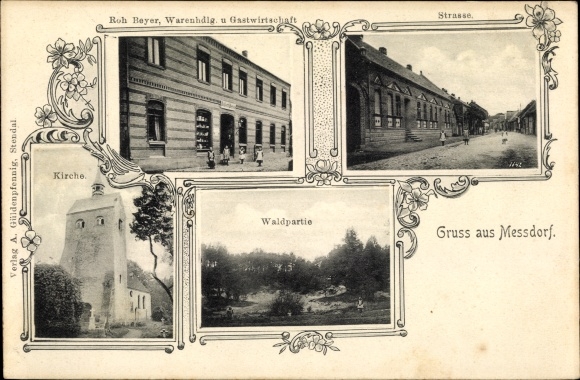 Postcard Messdorf Messdorf Bismark Altmark, church, street section, goods store