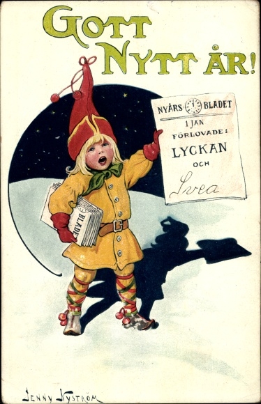 Artist PC Nyström, J., Happy New Year, Newspaper Seller, Child, Red Hat