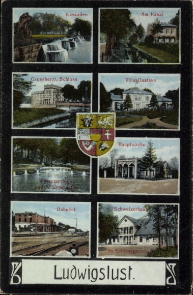 Postcard Ludwigslust in Mecklenburg, castle, train station, main guardhouse, Schweizerhaus, Villa Gustava, cascades