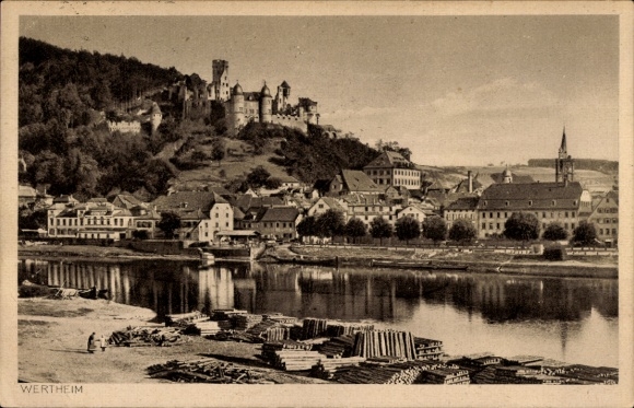 Postcard Wertheim am Main, front view of the castle, city views on the river
