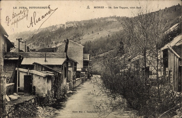 Postcard Morez de Jura, The Jura Mountains, picturesque landscape, river, old buildings