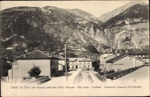 Postcard Oulx Piedmont, Hotels, Cottian Alps, Audibert, Commerce, Railway Station