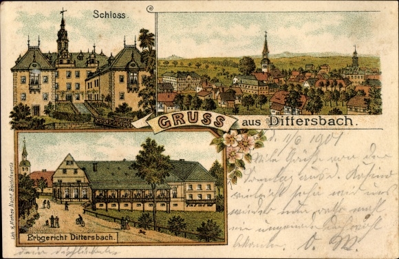 Chromo-Litho Dürrröhrsdorf Dittersbach in Saxony, castle, inheritance court, city panorama