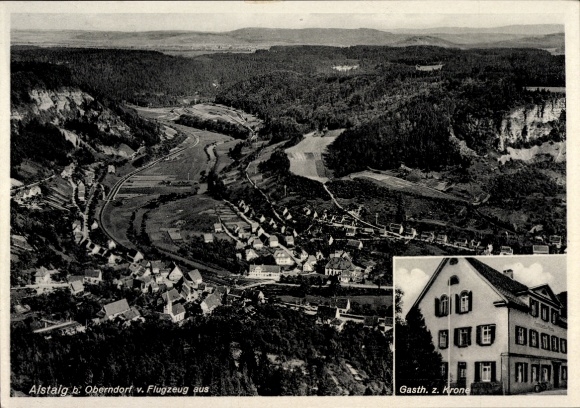 Postcard Aistaig Oberndorf am Neckar Black Forest, aerial photograph, Gasthaus zur Krone