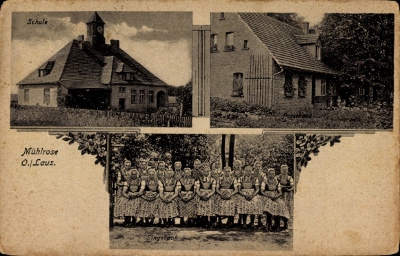Postcard Mühlrose Miłoraz Trebendorf in Upper Lusatia, school, singing bench, folk costume