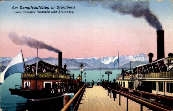 Postcard Starnberg on Lake Starnberg Upper Bavaria, steamship pier, salon steamer Munich and mountains in the H