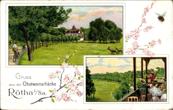 Ak Rötha in Sachsen, Fahrradfahrer, Wald, Schloss, Rehe, Obstweinschänke, Blumen