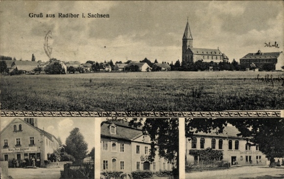 Ak Radibor in Sachsen, Gesamtansicht, Kirche, Geschäftshaus, Gasthof
