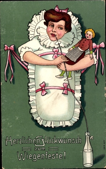 Ak Wiegenfest, Erwachsene Frau als Baby, Puppe, Kitsch