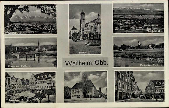 Postcard Weilheim Upper Bavaria, Panorama, Town Square