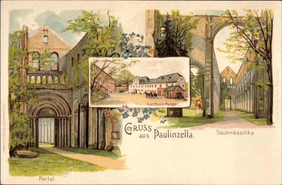 Litho Paulinzella Königsee Rottenbach, Portal und Säulenbasilika, Gasthaus Menger