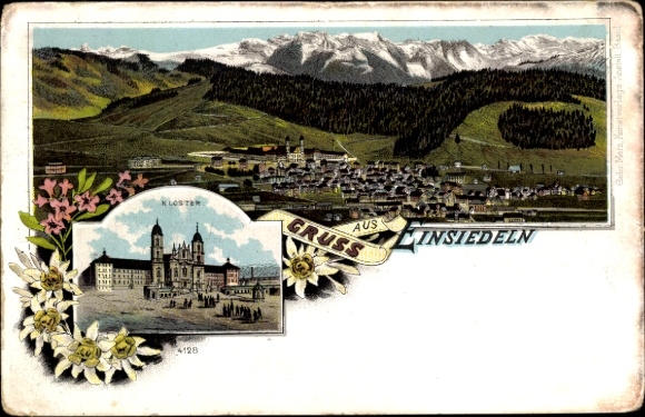 Postcard Einsiedeln Canton Schwyz Switzerland, Einsiedeln Monastery, general view, edelweiss