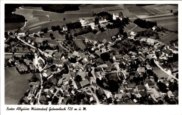 Postcard Bad Grönenbach in Allgäu, aerial view of village architecture, quiet landscape