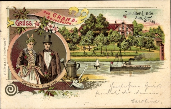Chromo-Litho Hamburg Harburg Cranz Neuenfelde, Zur alten Linde, Altenländer bride and groom in traditional costume