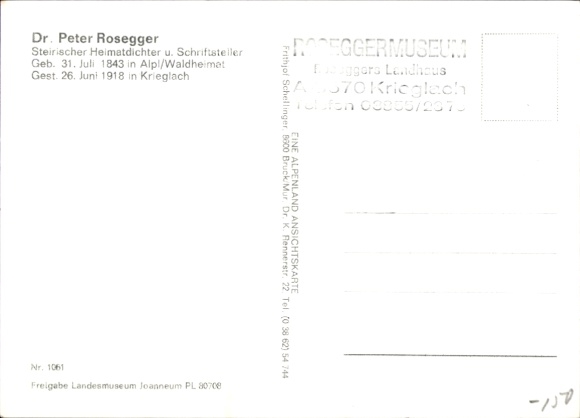 Pisarz i poeta Ak, dr Peter Rosegger, portret