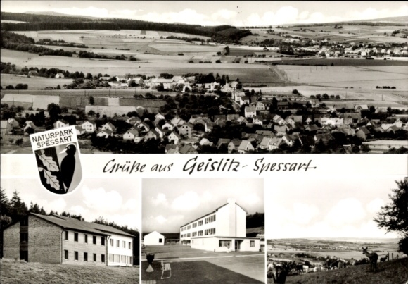 Postcard Geislitz lentil dish in Hesse, coat of arms, panorama