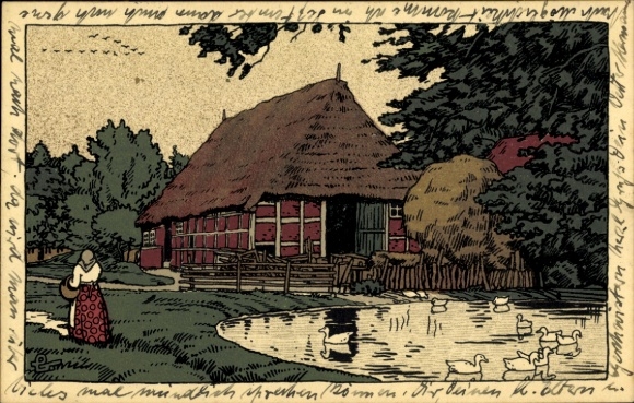 Steindruck Ak Lüneburger Heide Niedersachse, Dorfidyll, Teich, Bauernhaus