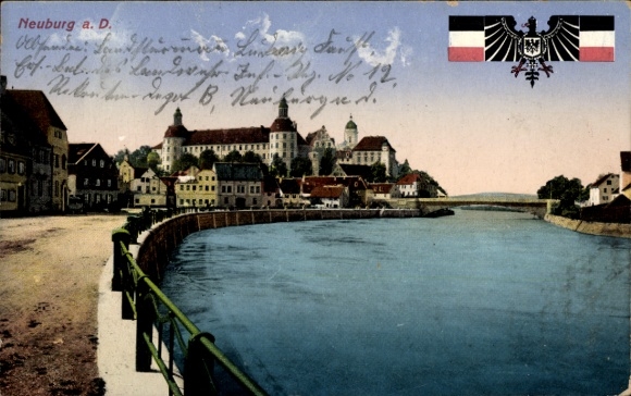 PC Neuburg an der Donau Upper Bavaria, city view of Neuburg, river, buildings, postmark