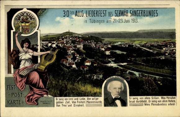 Postcard Tübingen am Neckar, 30th General Song Festival of the Swabian Singers' Association 1913, Ludwig Uhland