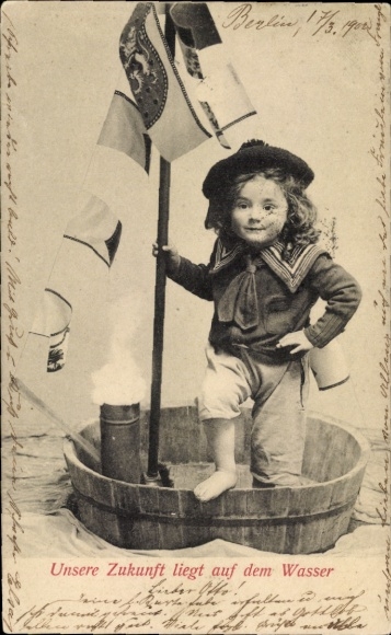 Postcard Our future lies on the water, child as sailor, hot tub as boat