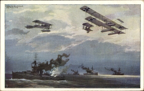 Artist Postcard Schulze, Hans Rudolf, Seaplanes over the English fleet, I. WK