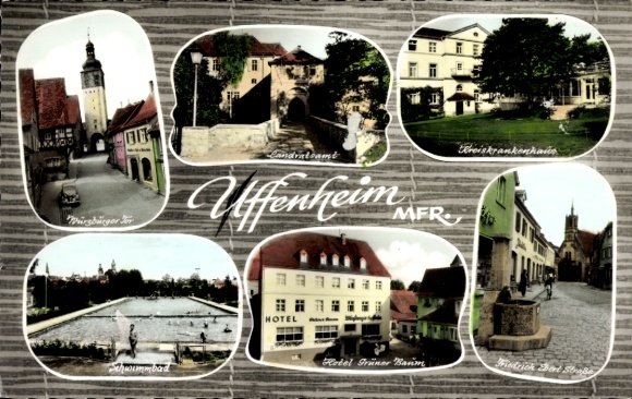 Postcard Uffenheim in Middle Franconia, attractions: District Office, swimming pool, Hotel Grüner Baum,...