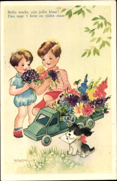 Artist PC Schermele, Willy, boy with toy car and flowers, truck