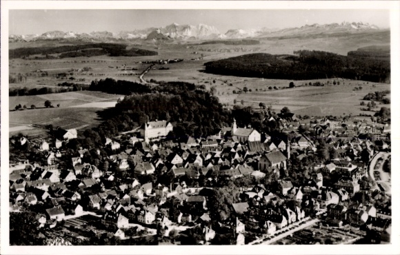 Postcard Leutkirch im Allgäu Württemberg, aerial view of Leutkirch, mountains in the background, residential buildings,