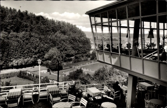 Postcard Bad Driburg in Westphalia, view from Cafe Falkenhöhe to the swimming pool