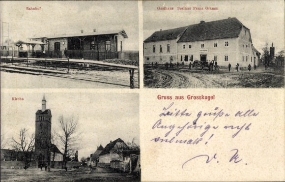 Postcard Großkugel in Saalekreis, inn, train station, church