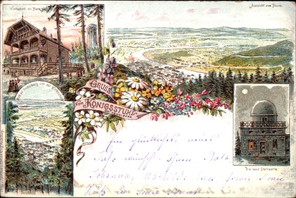 Chromo-Litho Heidelberg on the Neckar, Königsstuhl, view from the tower, observatory, economy