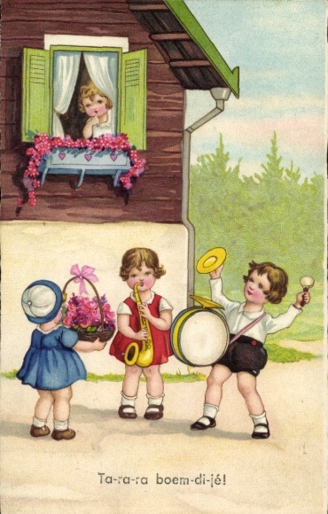 Postcard Musical Well-wishers, Children, Girl at the Window, Musical Instruments