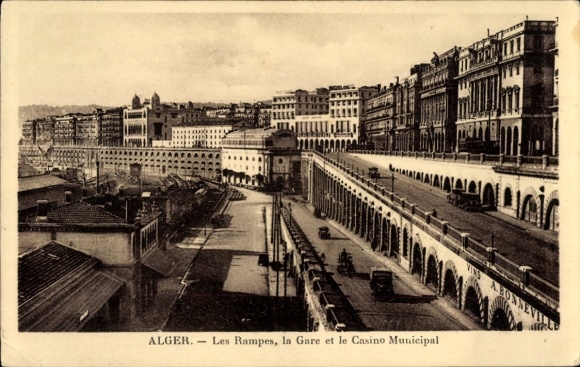Ak Algiers Algiers Algerije, de hellingen, het treinstation en het gemeentelijk casino