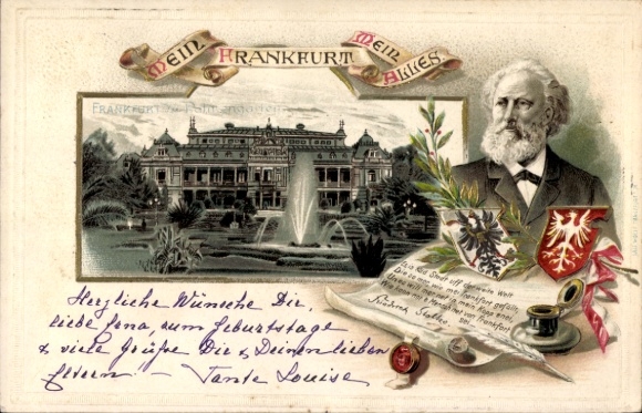 Embossed Coat of Arms Passepartout Chromo-Litho Frankfurt am Main, Palmengarten, Friedrich Stoltze