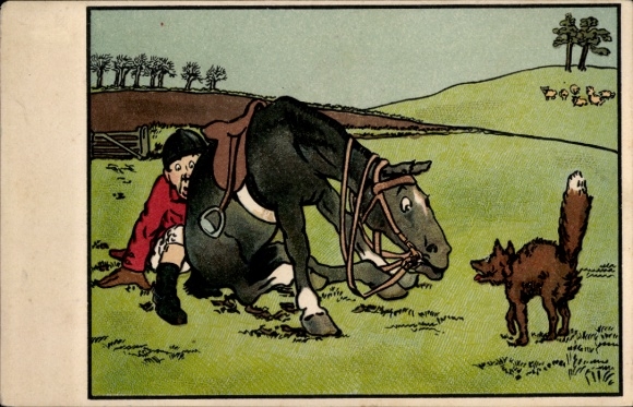 Artist Postcard Man hiding behind the horse, fox, encounter