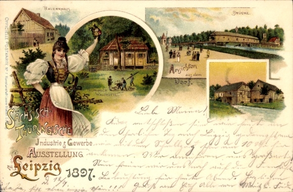 lito Lipsk, Saksonia. Turyngia. Wystawa przemysłowo-handlowa 1897, strój ludowy, most, gospodarstwo rolne