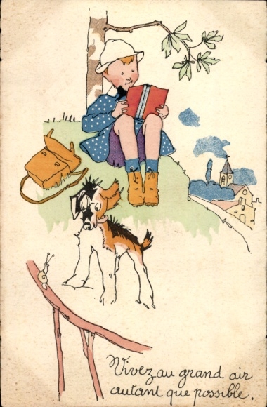 Postcard boy reading a book, tree, school bag, dog