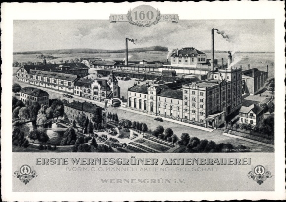 Coat of arms PC Wernesgrün Steinberg Sachsen, Aktienbrauerei, view of the factory, Wernesgrüner Pilsner