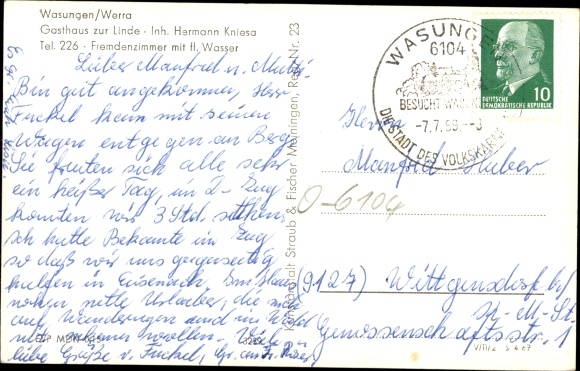 Postcard Wasungen in the Thuringian Forest, Panorama, Inn zur Linde
